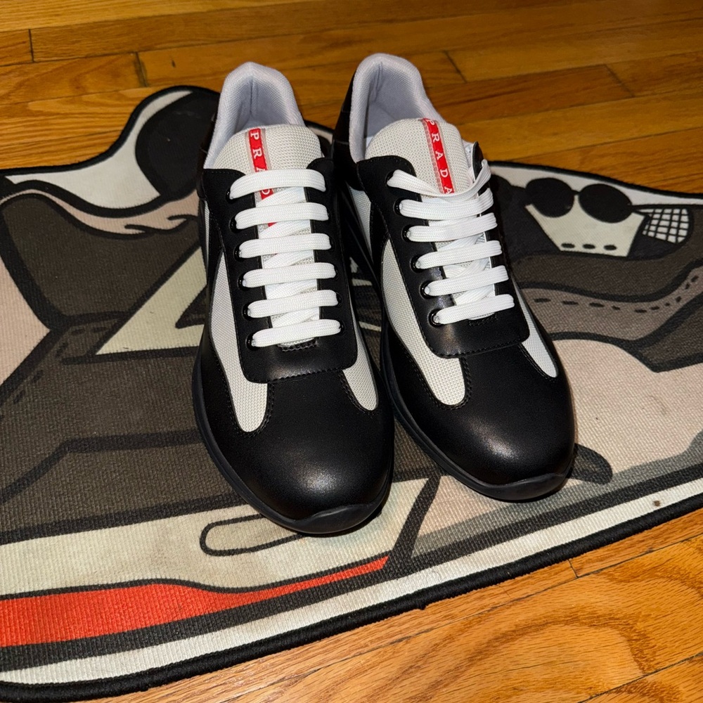 Prada Men's Black and White Sneakers with Red Accents